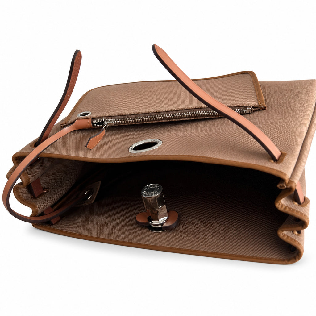 Herbag 31cm Saddle-Inspired Canvas Body with Leather Handle and Shoulder Strap — Structured Leather-Trimmed Canvas Carryall