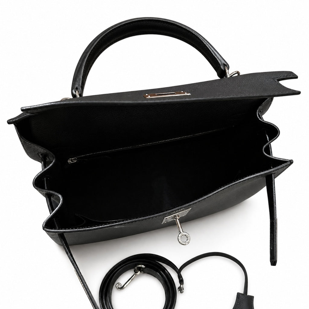Timeless Top-Handle Design: Kelly 32cm in Black Epsom Leather with Silver Buckle Handmade
