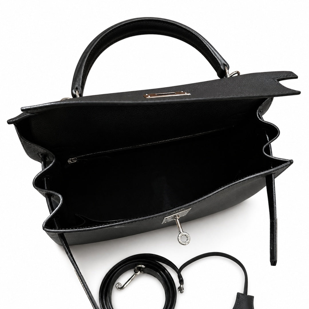 Timeless Top-Handle Design: Kelly 32cm in Black Epsom Leather with Silver Buckle Handmade