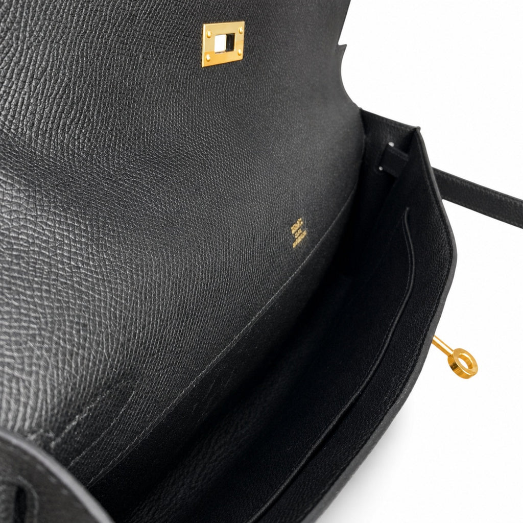 Kelly cut clutch evening bag Epsom Leather wax thread handmade Black Gold Buckle — Distinctive Slim Carry Style