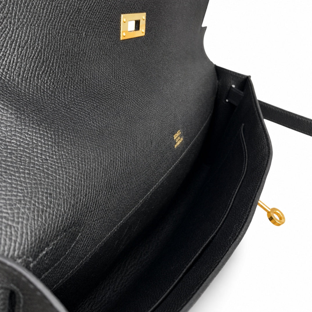 Distinctive Slim Carry Style: Kelly cut clutch evening bag Epsom Leather wax thread handmade Black Gold Buckle