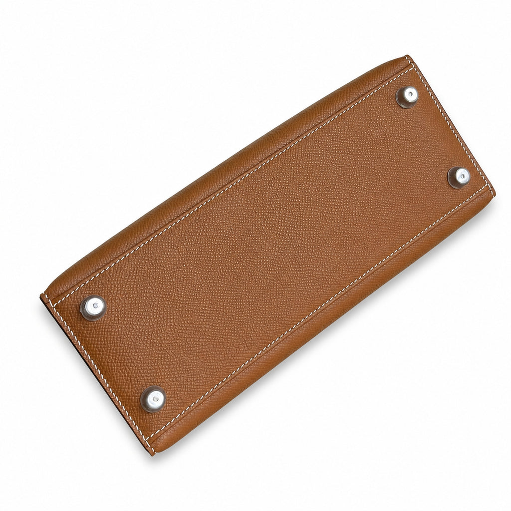Golden Brown, Gold and Silver buckles, Kelly 25, imported Epsom — Polished Structured Handbag