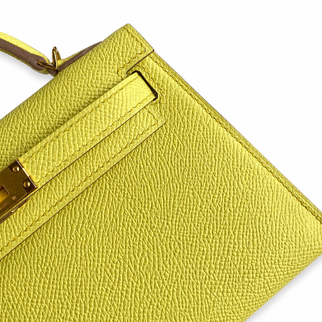 handmade Mini Kelly II 19cm imported Epsom Leather lemon yellow Gold Buckle — Elegant Compact Carry Style