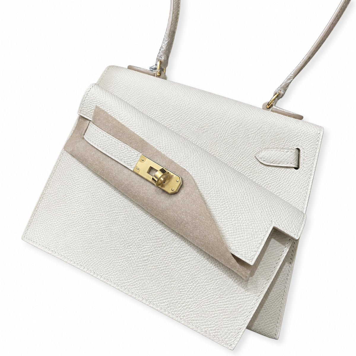 Kelly Desordre 20cm Sellier double-sided Epsom original palm print leather ck10 Milkshake White Craie Gold Buckle GHw top hand sewing — Double-Sided Structured Handbag