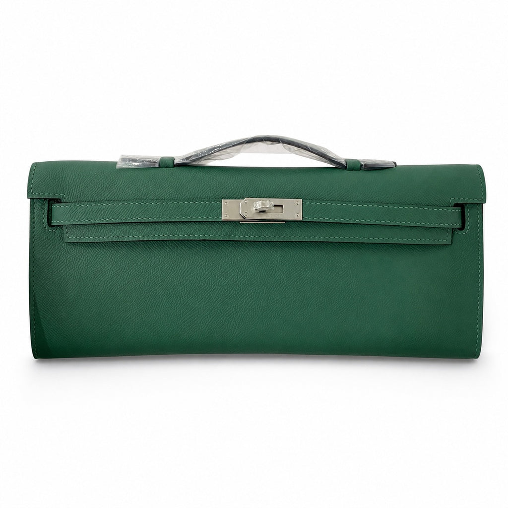Kelly cut 31 clutch Epsom malachite green Silver Buckle — Sophisticated Evening Clutch