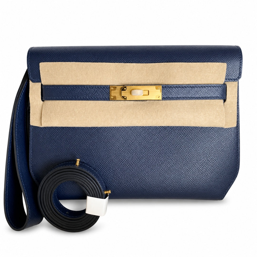 Kelly depeches 25cm Epsom royal blue Gold Buckle — Polished Convertible Bag