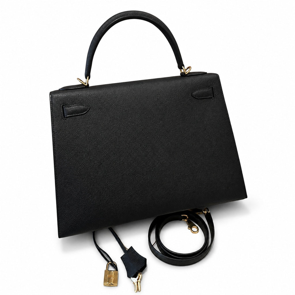 Kelly 32cm in Black Epsom Leather with Gold Buckle Handmade — Distinctive Hand-Carry Bag