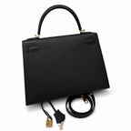 Kelly 32cm in Black Epsom Leather with Gold Buckle Handmade — Distinctive Hand-Carry Bag