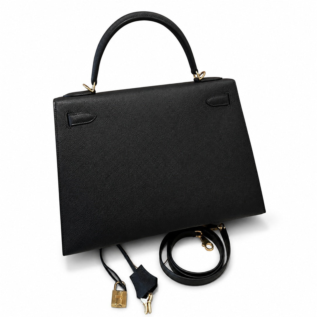 Kelly 32cm in Black Epsom Leather with Gold Buckle Handmade — Distinctive Hand-Carry Bag