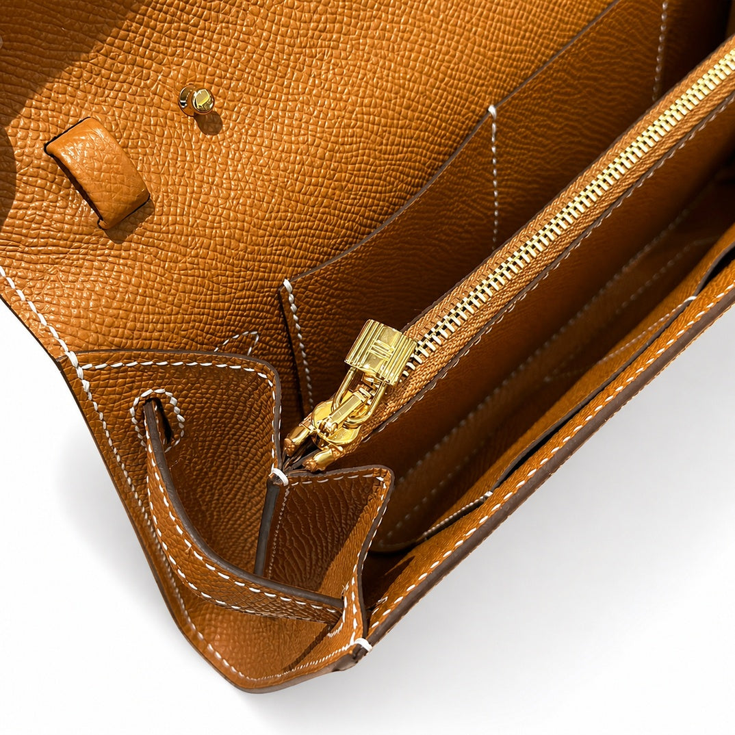 Kelly to go Color: ck37/Gold Size: 19*11.5*1.5cm Leather: Epsom Hardware: Gold Kelly crossbody bag, Golden Brown, cowhide, Gold Buckle, handmade P — Elegant Petite Clutch
