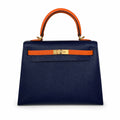 Kelly 25 sapphire blue with classic orange Epsom frosted Gold Buckle handmade — Elegant Structured Carry Style