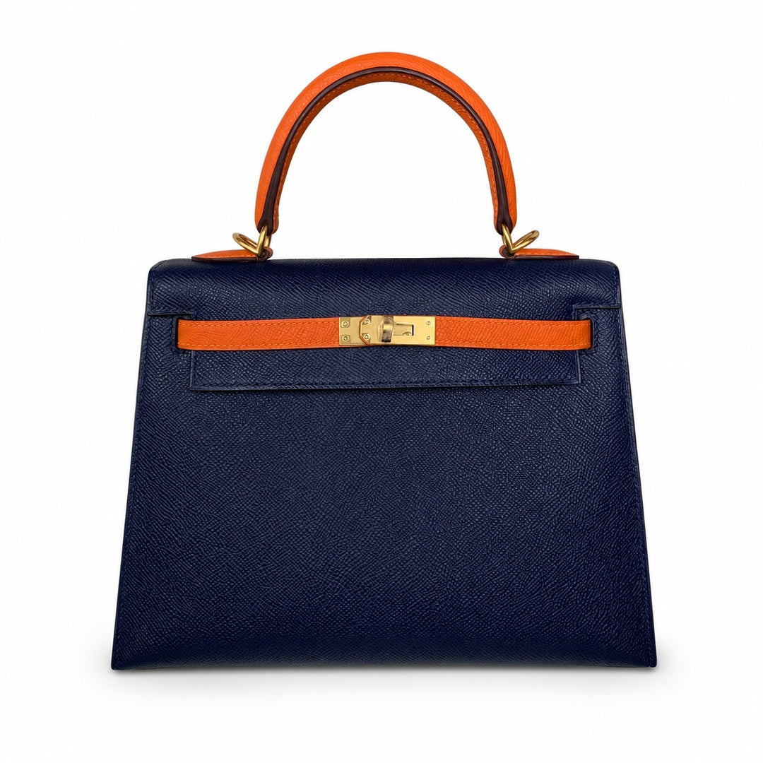 Kelly 25 sapphire blue with classic orange Epsom frosted Gold Buckle handmade — Elegant Structured Carry Style