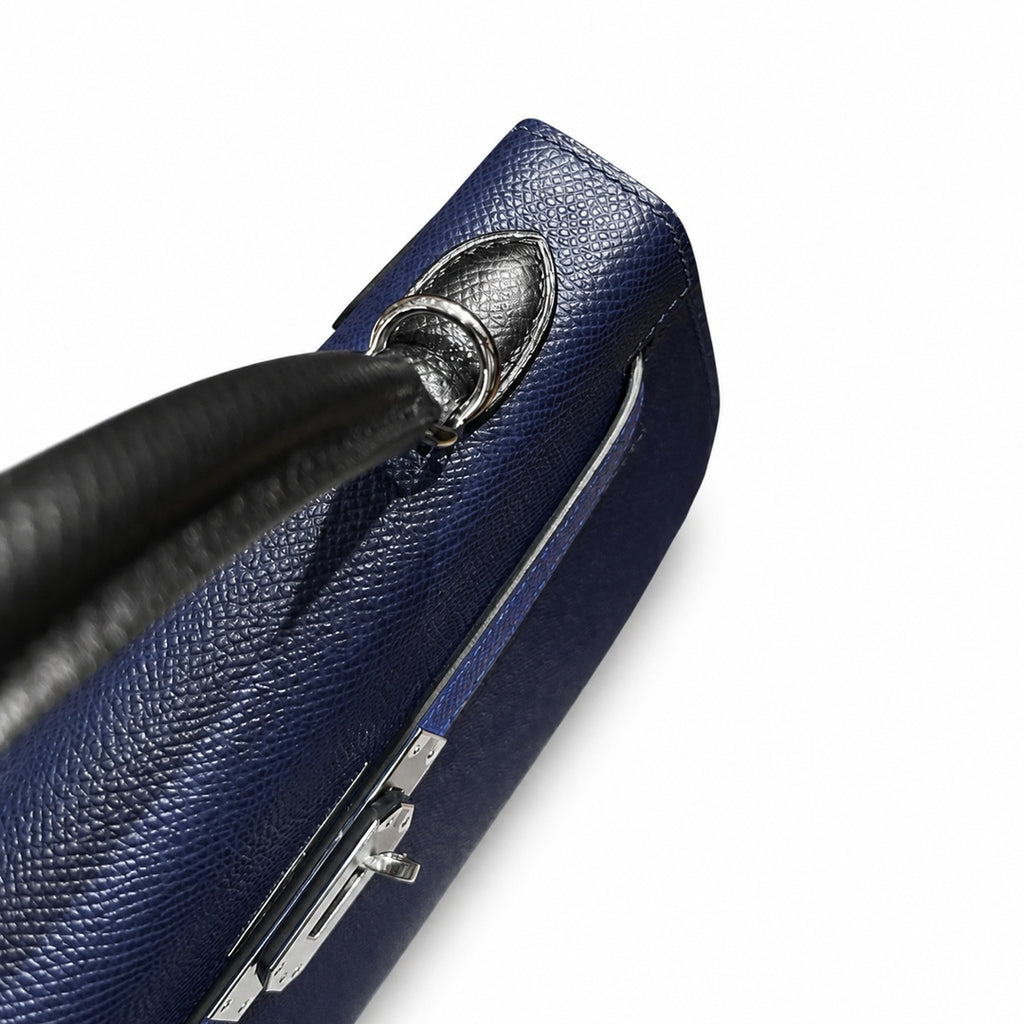 Kelly 25cm Epsom Leather 2Z Blue Nuit Midnight Blue with 89 Noir Black with 71 Bleu France French blue top handcraft — Structured Top-Handle Handbag