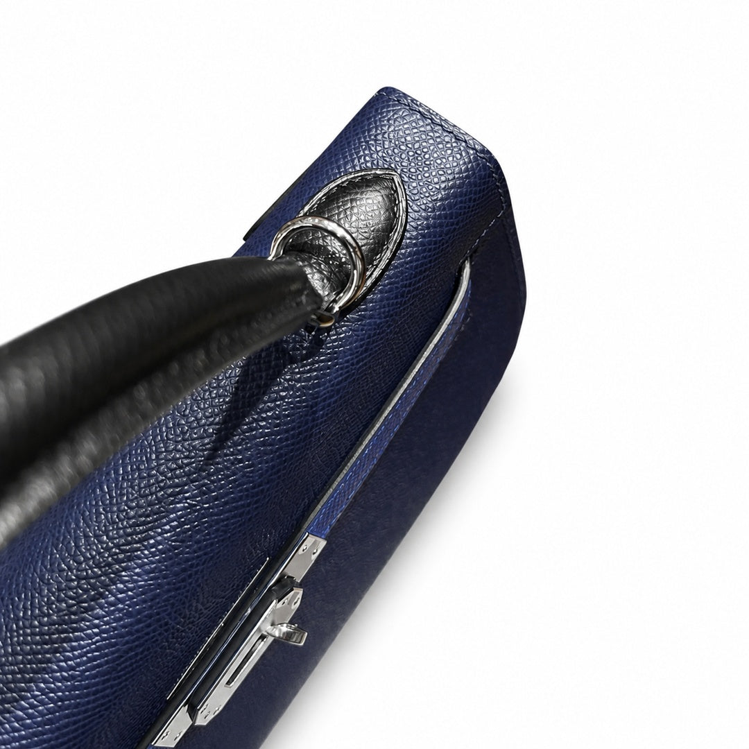 Kelly 25cm Epsom Leather 2Z Blue Nuit Midnight Blue with 89 Noir Black with 71 Bleu France French blue top handcraft — Structured Top-Handle Handbag