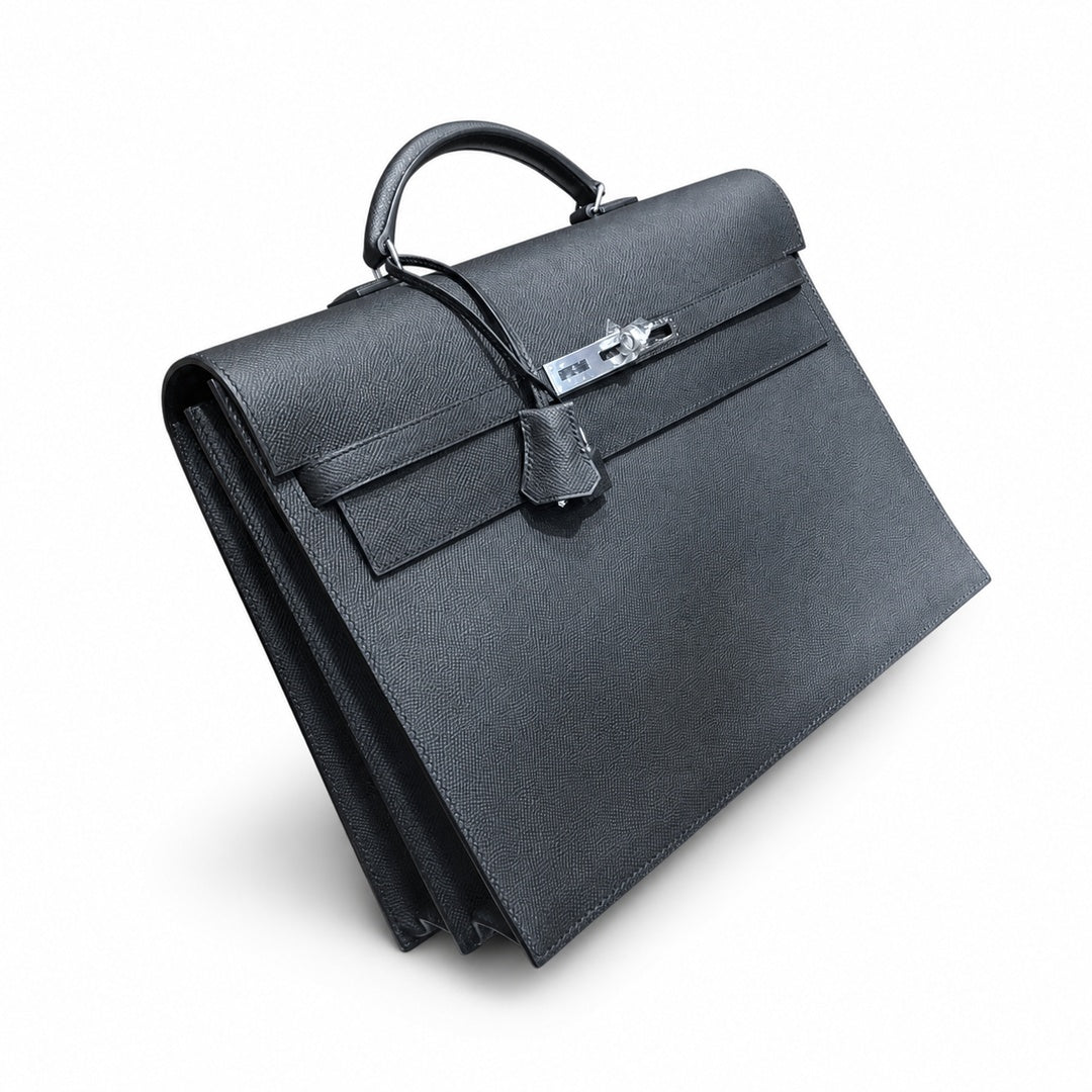 Kelly briefcase 38cm Epsom Leather 89 Noir Black top handcraft — Refined Business Carryall