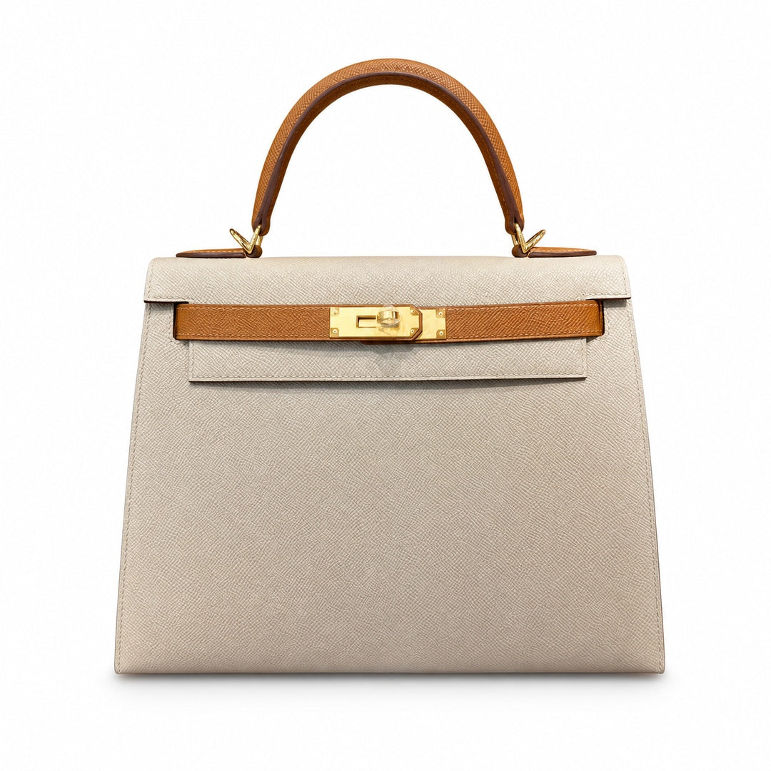 Kelly 28cm Epsom Leather S2 Trench Windbreaker Gray and 37 Gold Golden Brown Top Handmade — Polished Structured Handbag