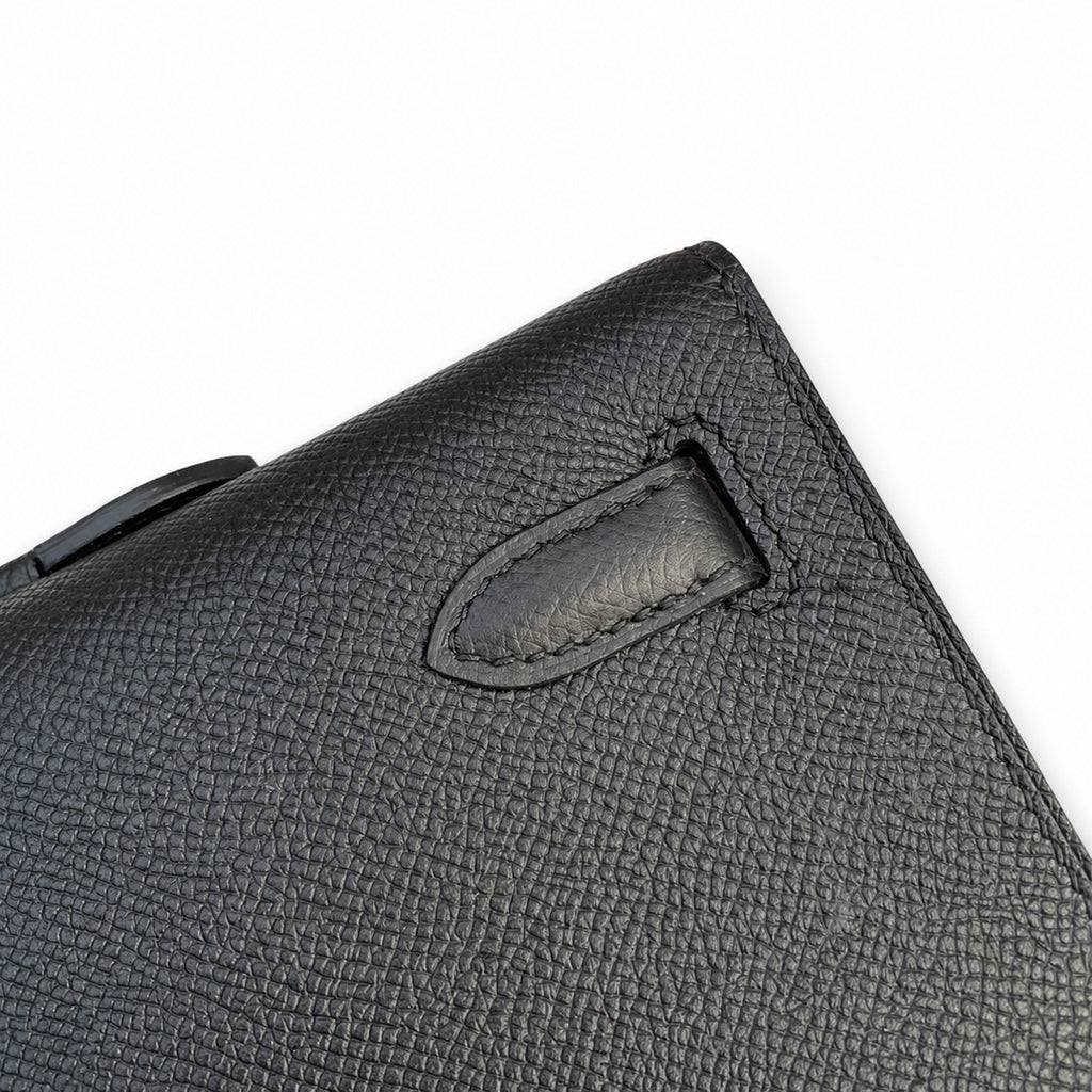 Kelly cut clutch evening bag Epsom Leather wax thread handmade Black Gold Buckle — Distinctive Slim Carry Style