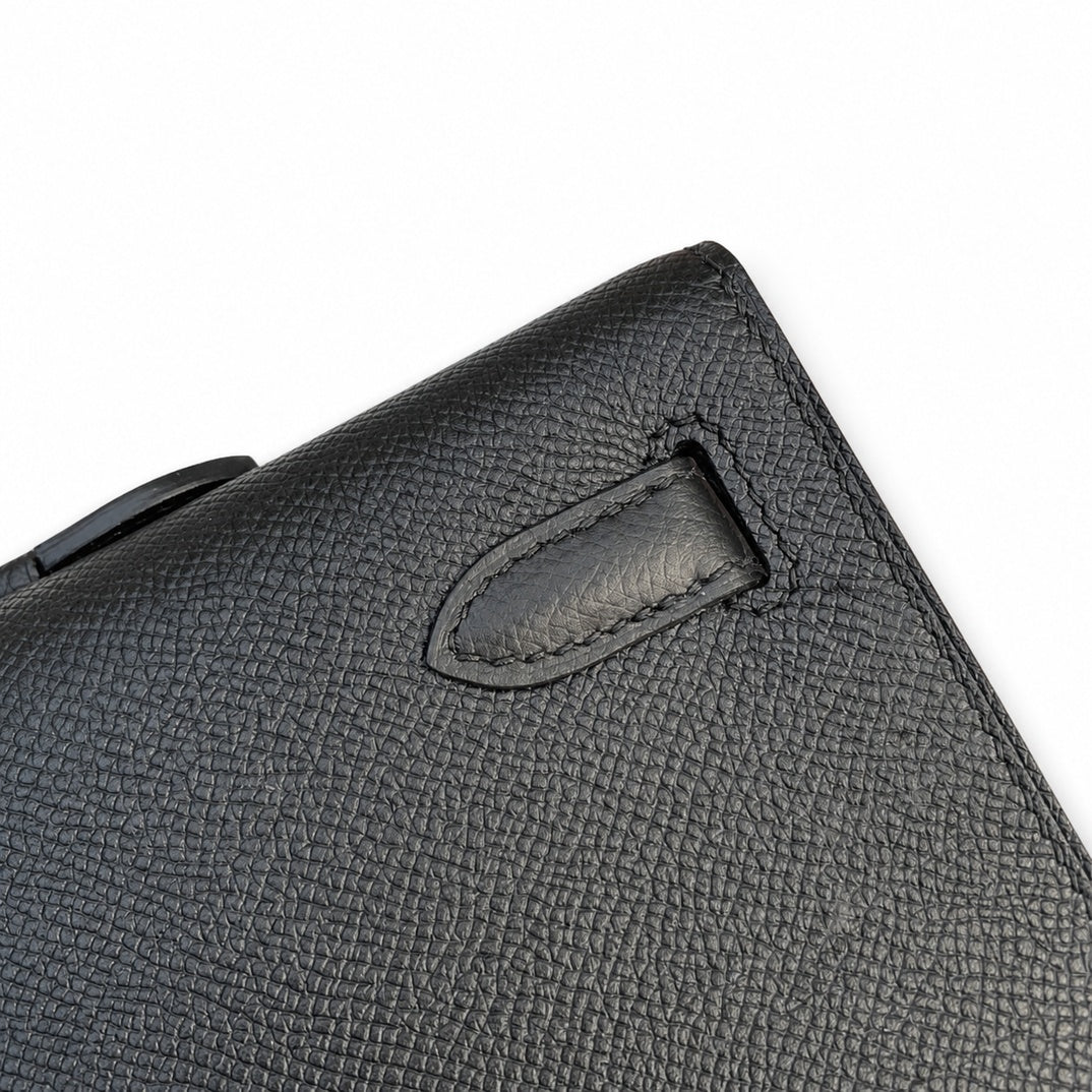 Distinctive Slim Carry Style: Kelly cut clutch evening bag Epsom Leather wax thread handmade Black Gold Buckle