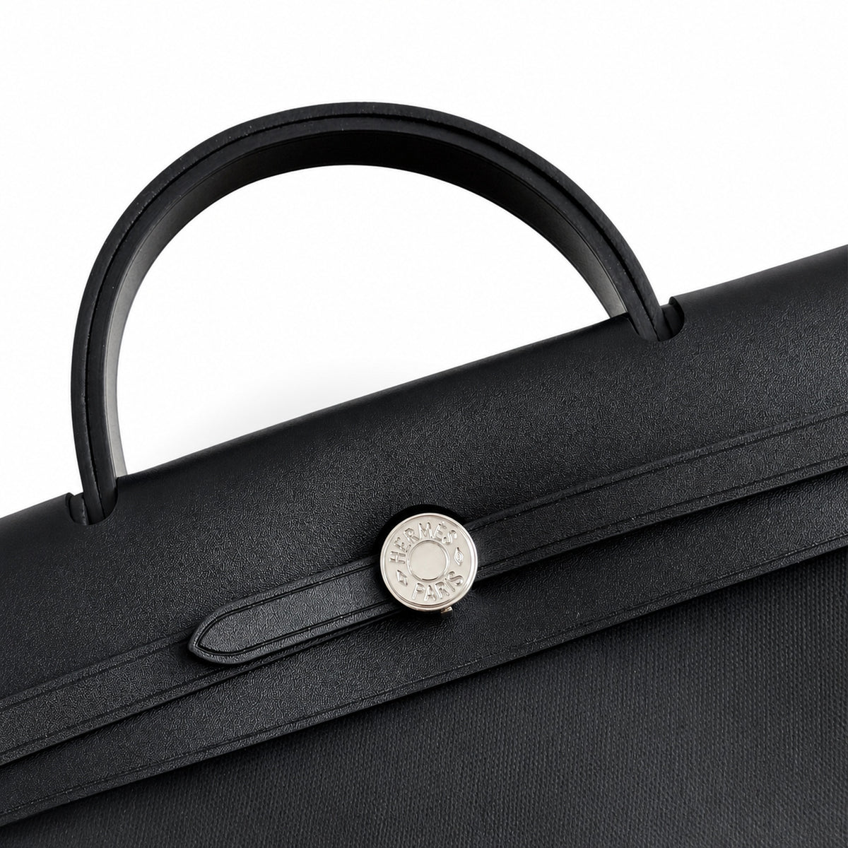 Herbag 31cm Saddle-Inspired Canvas Body with Leather Handle and Shoulder Strap — Elegant Leather-Accented Canvas Bag