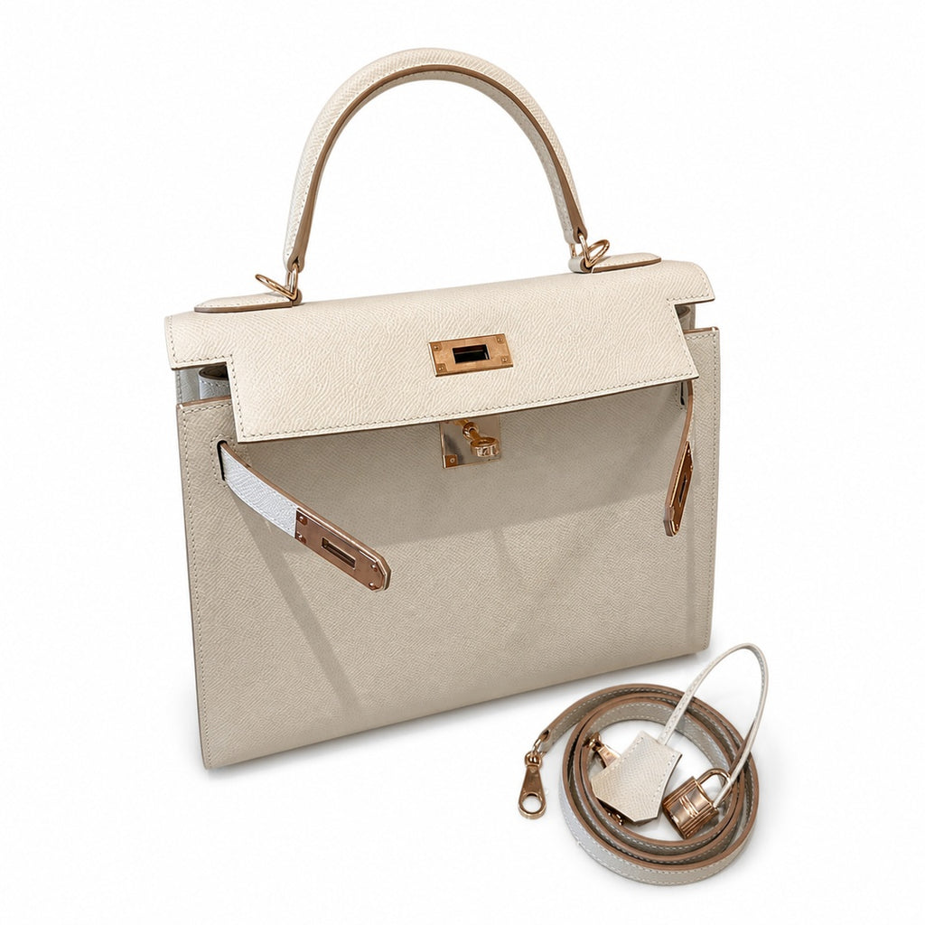 Kelly 28cm in Milkshake White Epsom Leather with Rose Gold Buckle Handmade — Elegant Structured Carry Style