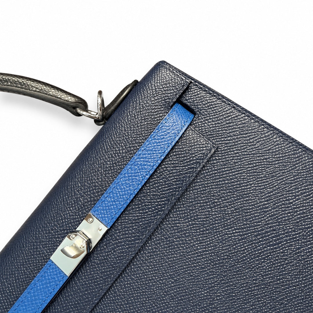 Kelly 25cm Epsom Leather 2Z Blue Nuit Midnight Blue with 89 Noir Black with 71 Bleu France French blue top handcraft — Structured Top-Handle Handbag
