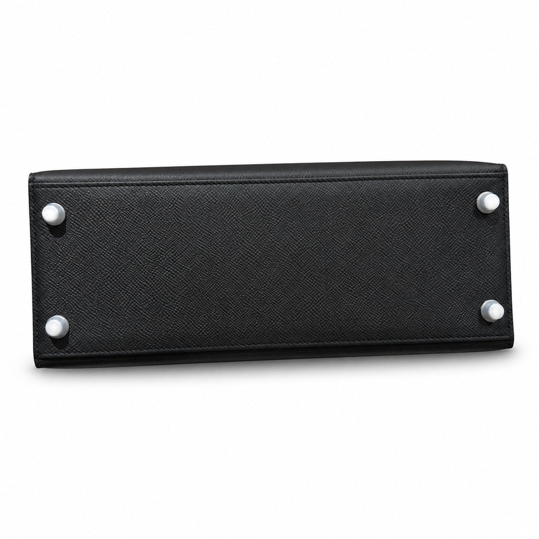 Timeless Top-Handle Design: Kelly 32cm in Black Epsom Leather with Silver Buckle Handmade