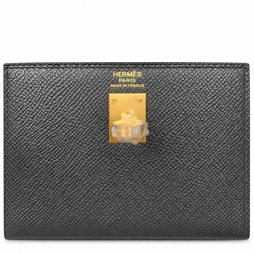 Kelly 25 Black Epsom Gold Buckle, fully handmade with wax thread — Polished Structured Handbag
