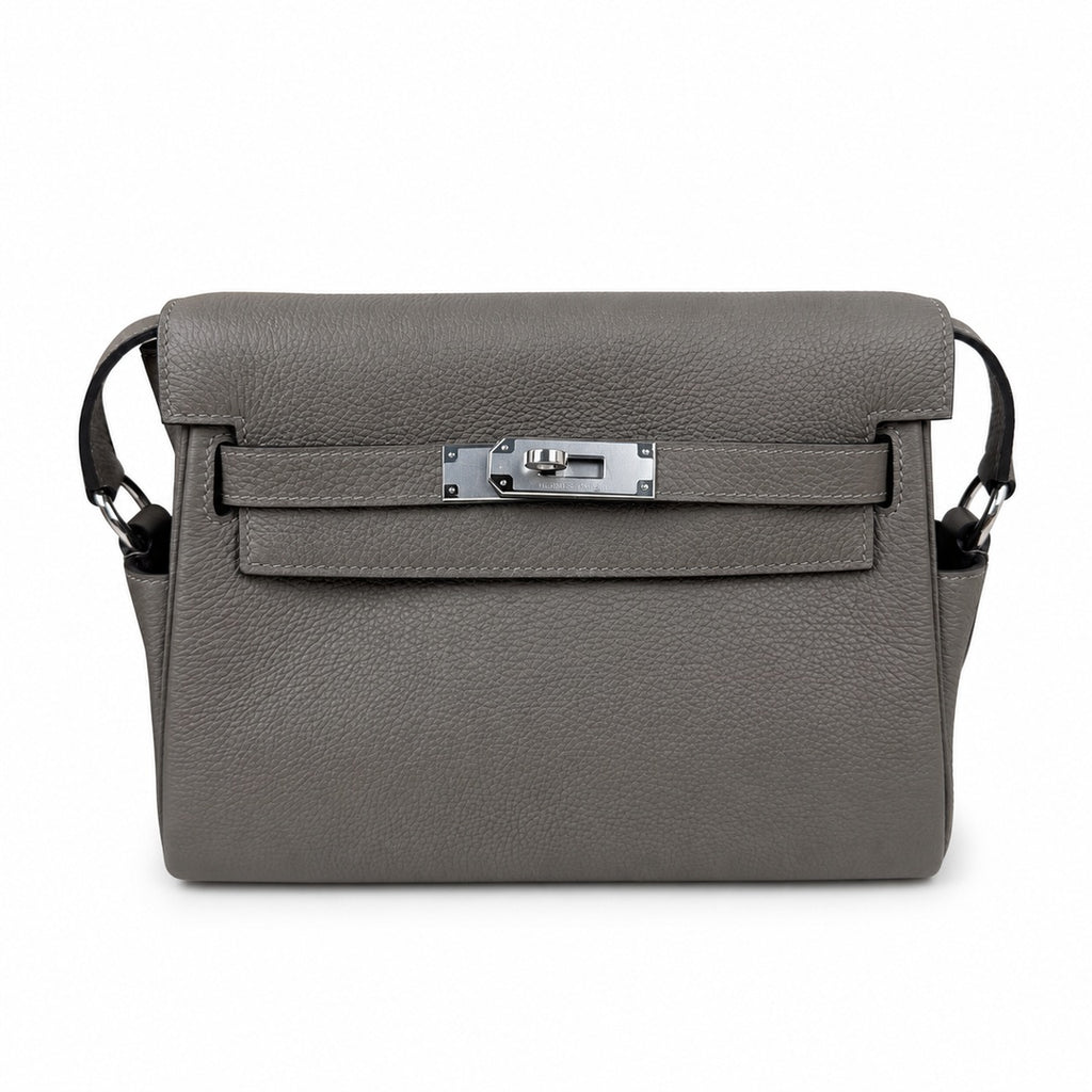 Kelly Messenger messenger bag for men and women, pewter gray Silver Buckle, imported leather, all-steel hand-waxed thread, the highest — Refined Top-Handle Bag