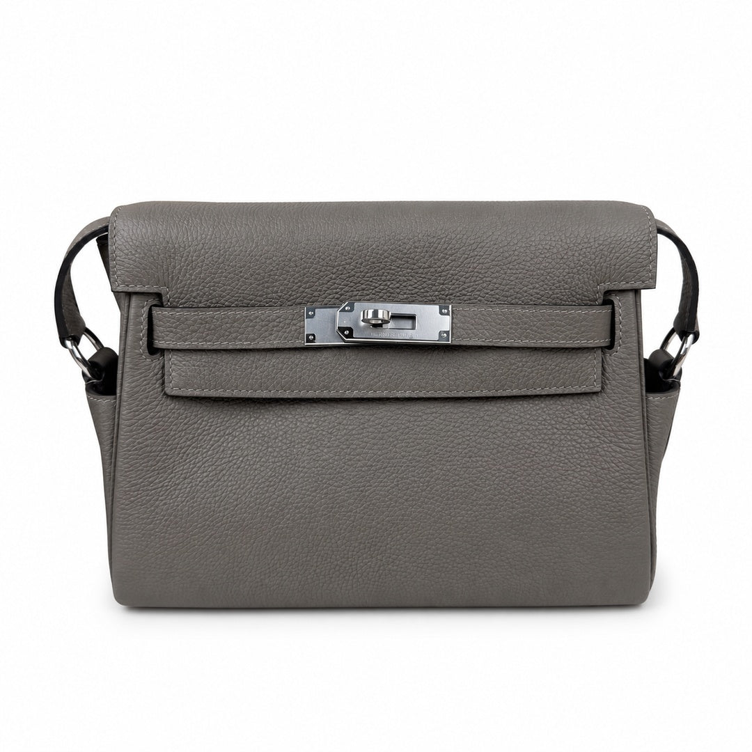 Kelly Messenger messenger bag for men and women, pewter gray Silver Buckle, imported leather, all-steel hand-waxed thread, the highest — Refined Top-Handle Bag