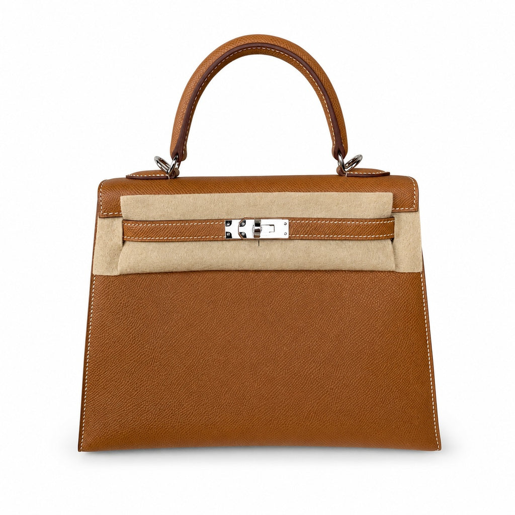 Sophisticated Carry Design: Kelly 25 Golden Brown Silver Buckle Epsom fully handmade wax thread