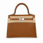 Sophisticated Carry Design: Kelly 25 Golden Brown Silver Buckle Epsom fully handmade wax thread