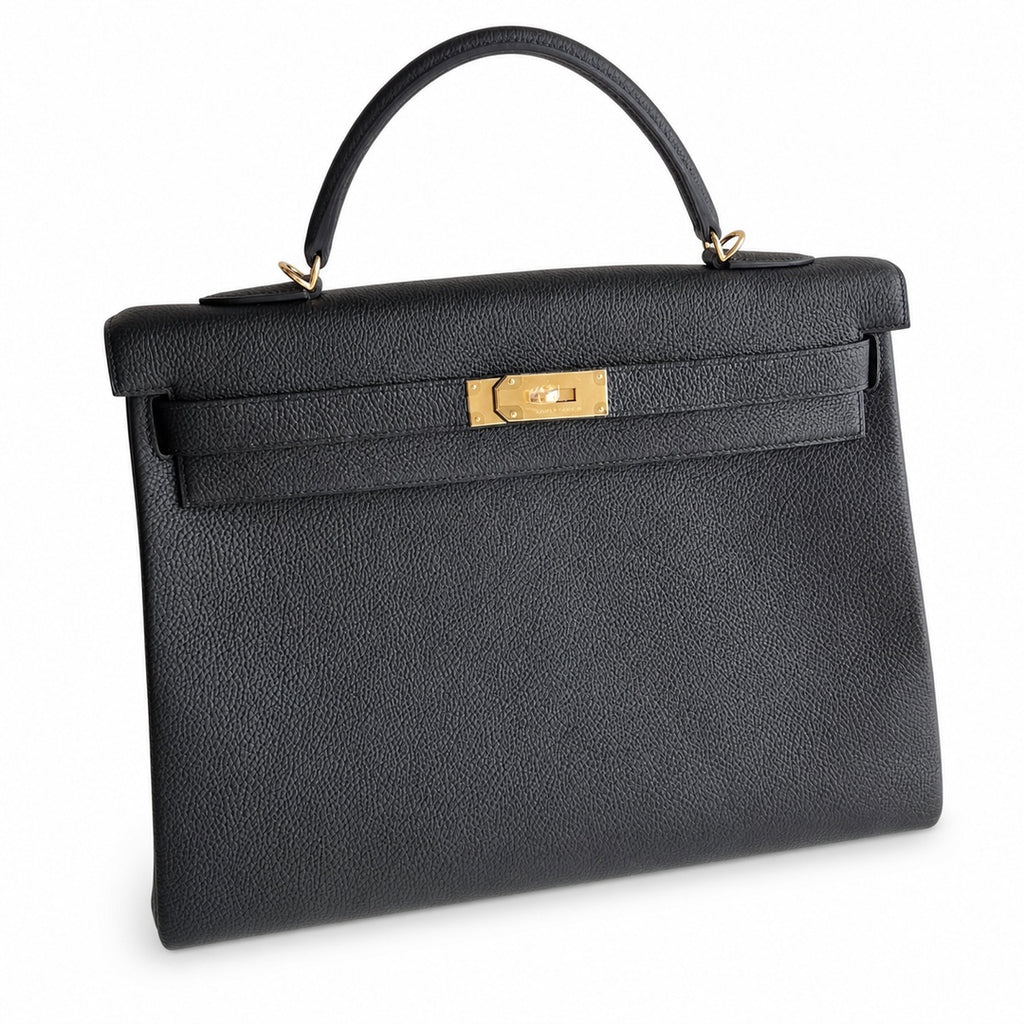 Kelly in Black Togo Leather with Gold Buckle Handmade — Structured Top-Handle Handbag