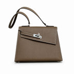 Kelly Double-Sided Epsom Leather in Elephant Gray with Silver Buckle — Polished Two-Sided Top-Handle Bag