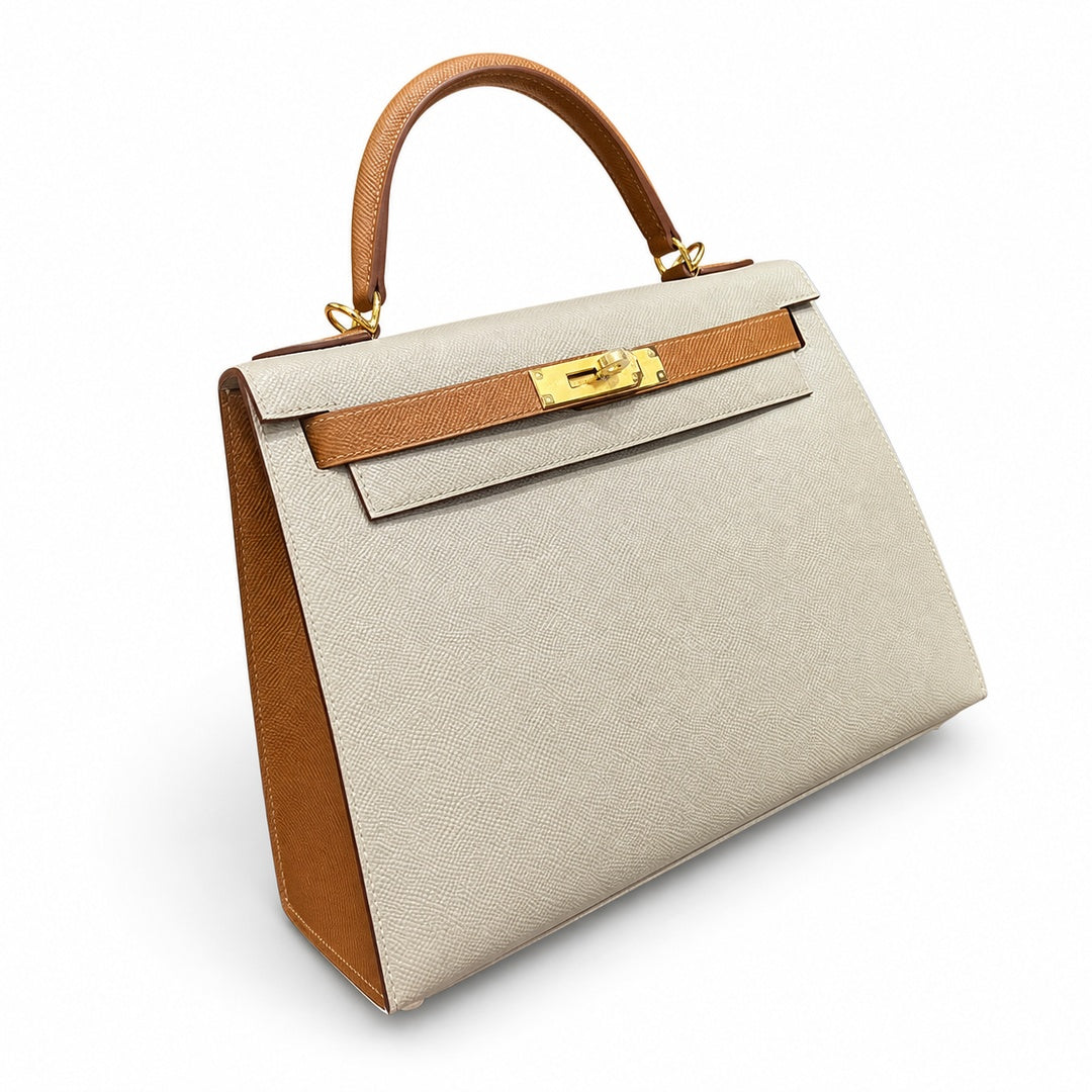 Kelly 28cm Epsom Leather S2 Trench Windbreaker Gray and 37 Gold Golden Brown Top Handmade — Polished Structured Handbag