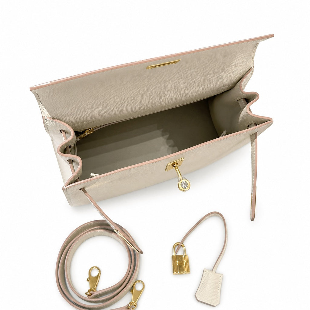 Kelly 25cm in Milkshake White Epsom Leather with Gold Buckle Handmade — Refined Top-Handle Bag