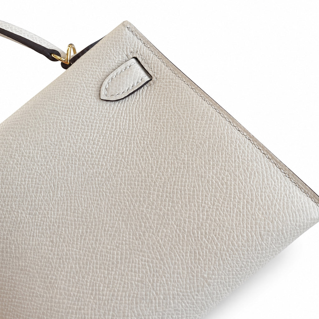 handmade Mini Kelly II 19cm imported Epsom Leather cream White Gold Buckle — Streamlined Mini Handbag