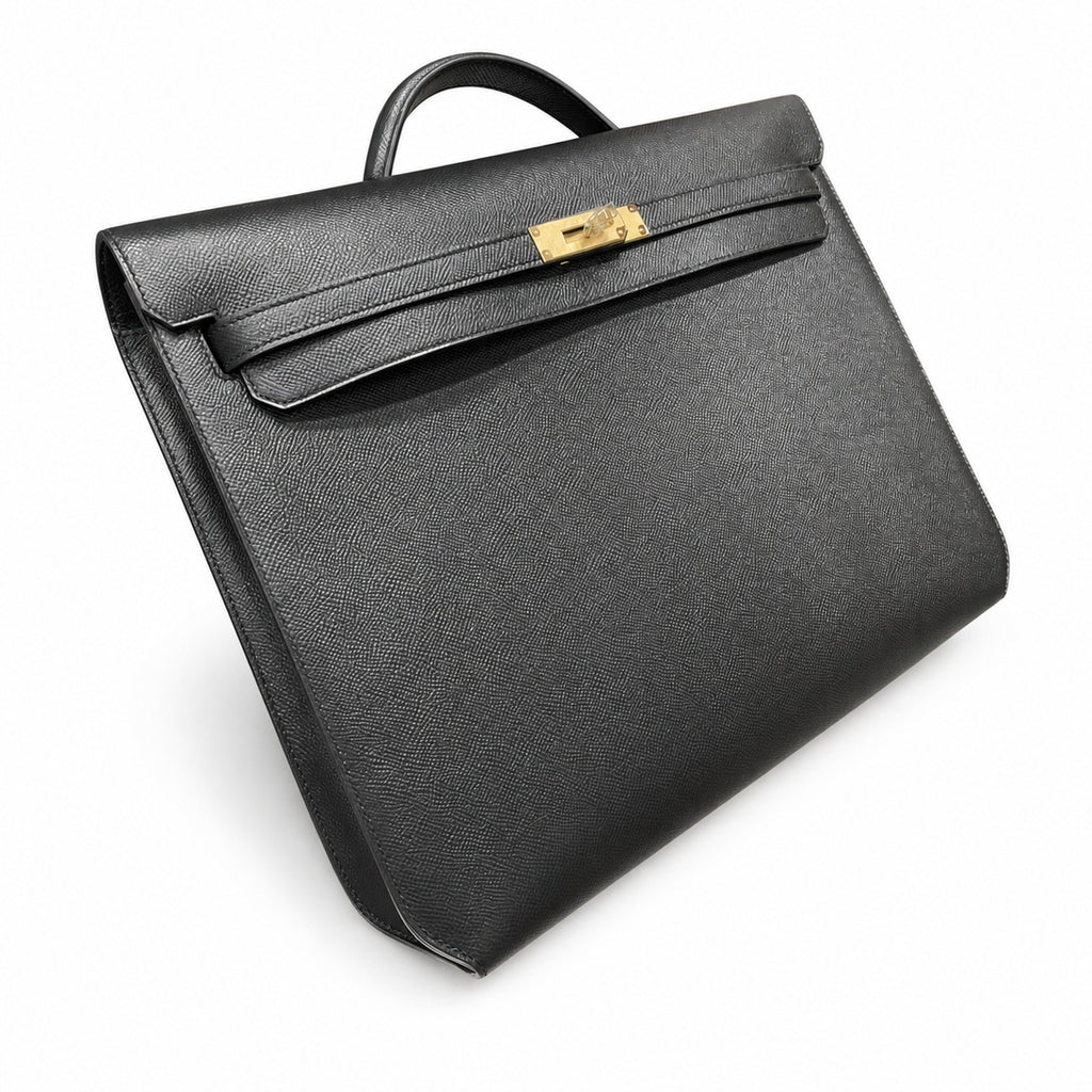 Kelly depeches 36cm Epsom Leather 89 Noir Black top handcrafted — Distinctive Clutch Silhouette
