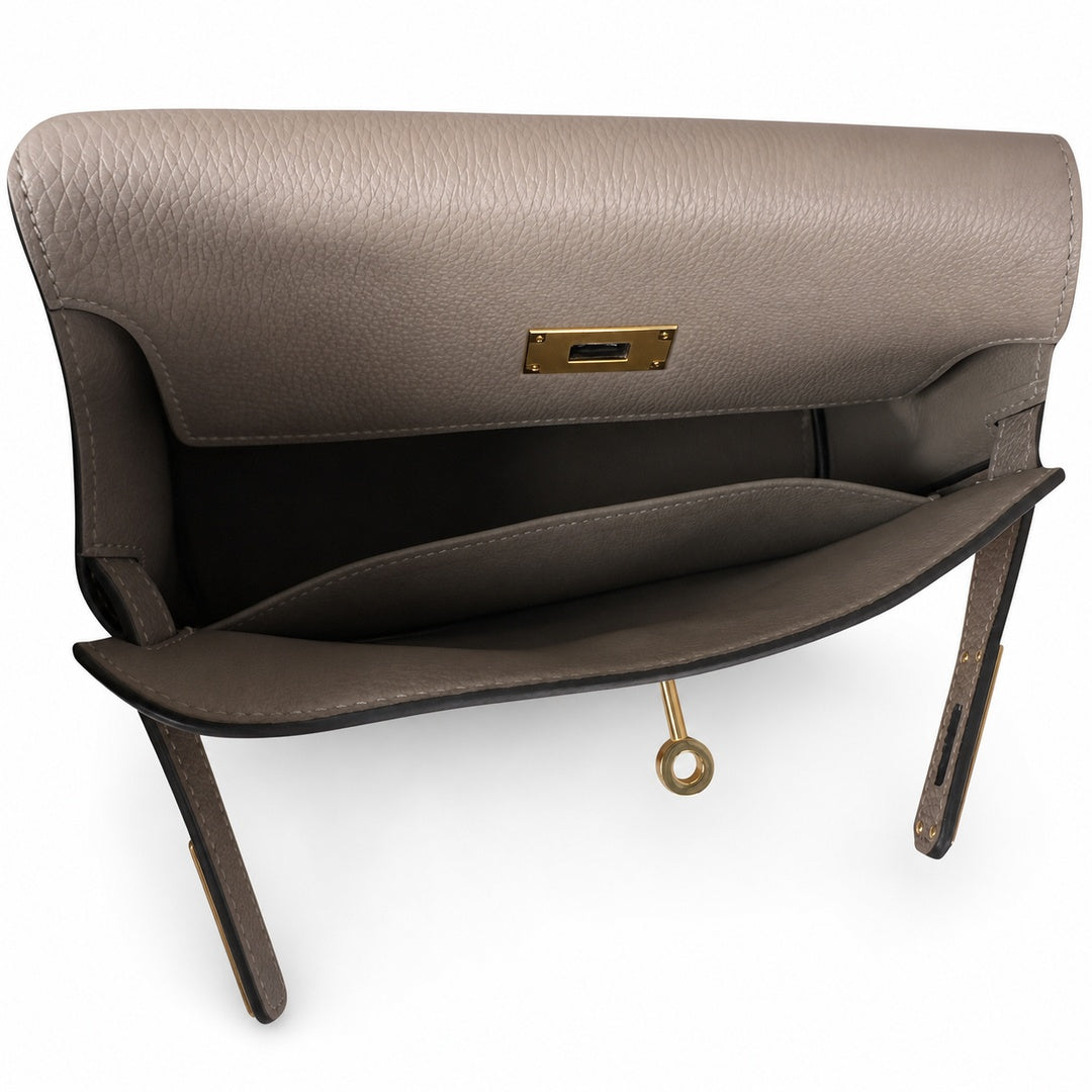 Kelly Messenger messenger bag for men and women, light gray Gold Buckle, imported leather, all-steel hand-waxed thread, the highest — Refined Top-Handle Bag