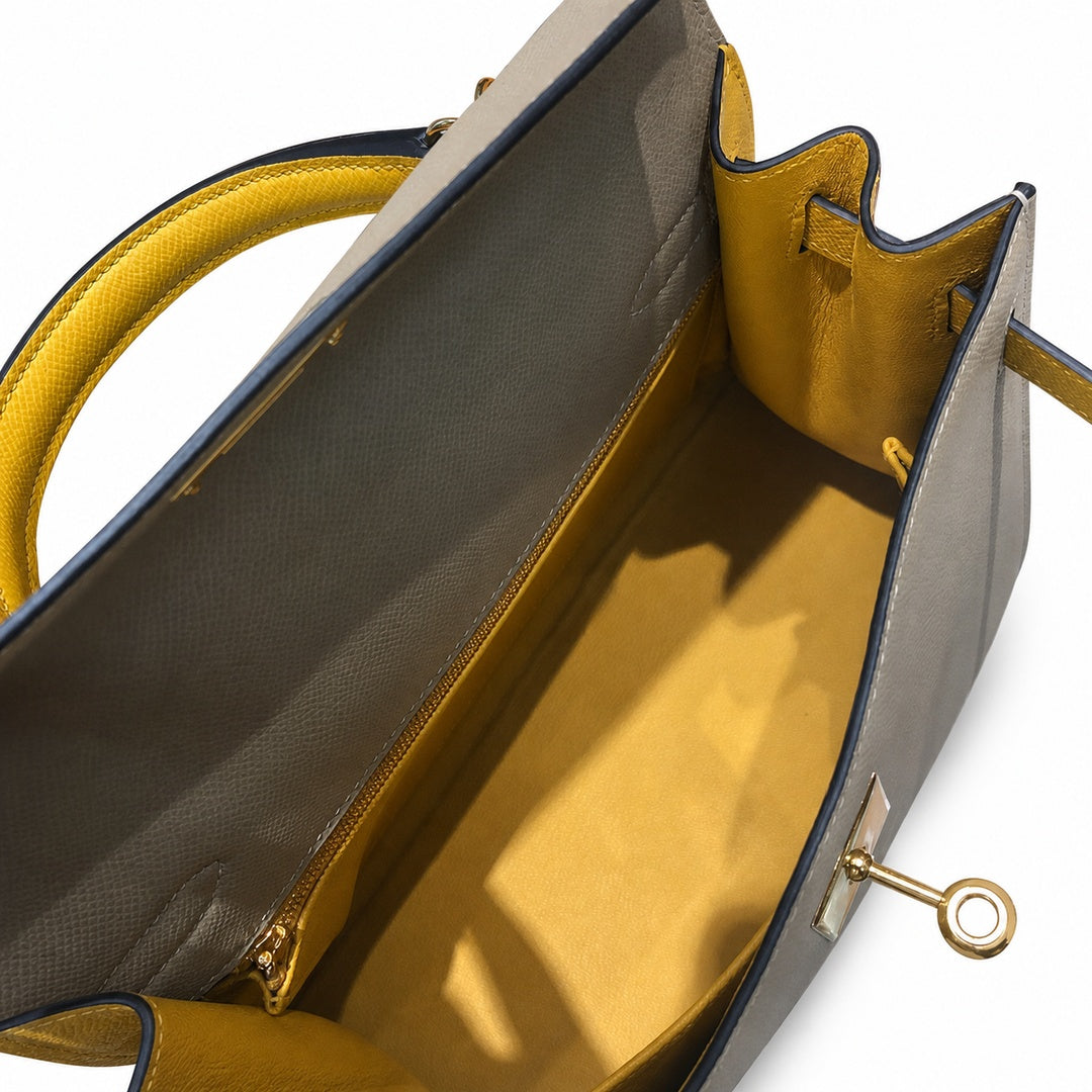 Kelly 28cm Epsom Leather S2 Trench Windbreaker Gray and 9D Jaune Amber Top Handmade — Versatile Structured Bag