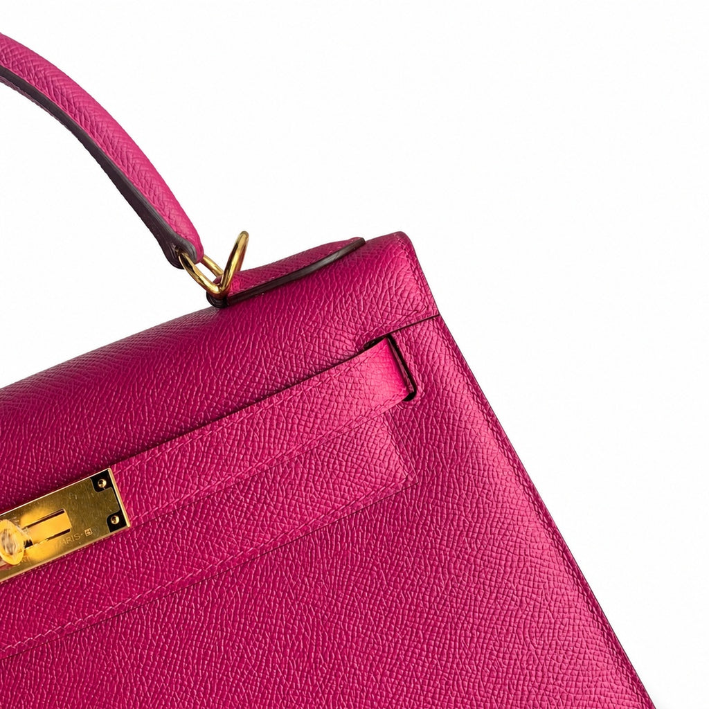 Kelly 28 L3 Rose Purple Epsom Gold Buckle, handmade with wax thread — Streamlined Top-Handle Handbag