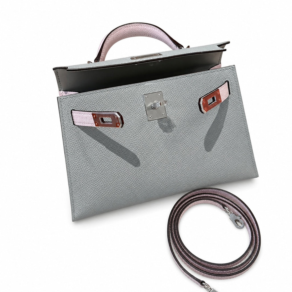 Mini Kelly II 19cm in Blue glacier & Mauve Pale Epsom Leather with Silver Buckle — Streamlined Mini Handbag