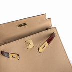 Kelly 28 Milk tea color with honey brown, Epsom with American color, Gold Buckle, hand sewing — Elegant Structured Carry Style