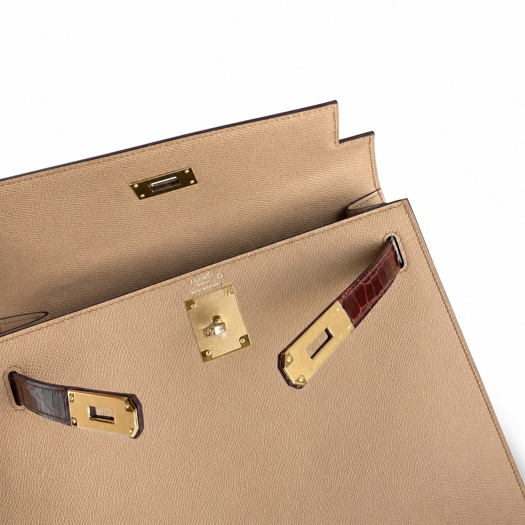 Kelly 28 Milk tea color with honey brown, Epsom with American color, Gold Buckle, hand sewing — Elegant Structured Carry Style
