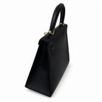 Kelly 25 Black Epsom Gold Buckle, fully handmade with wax thread — Polished Structured Handbag