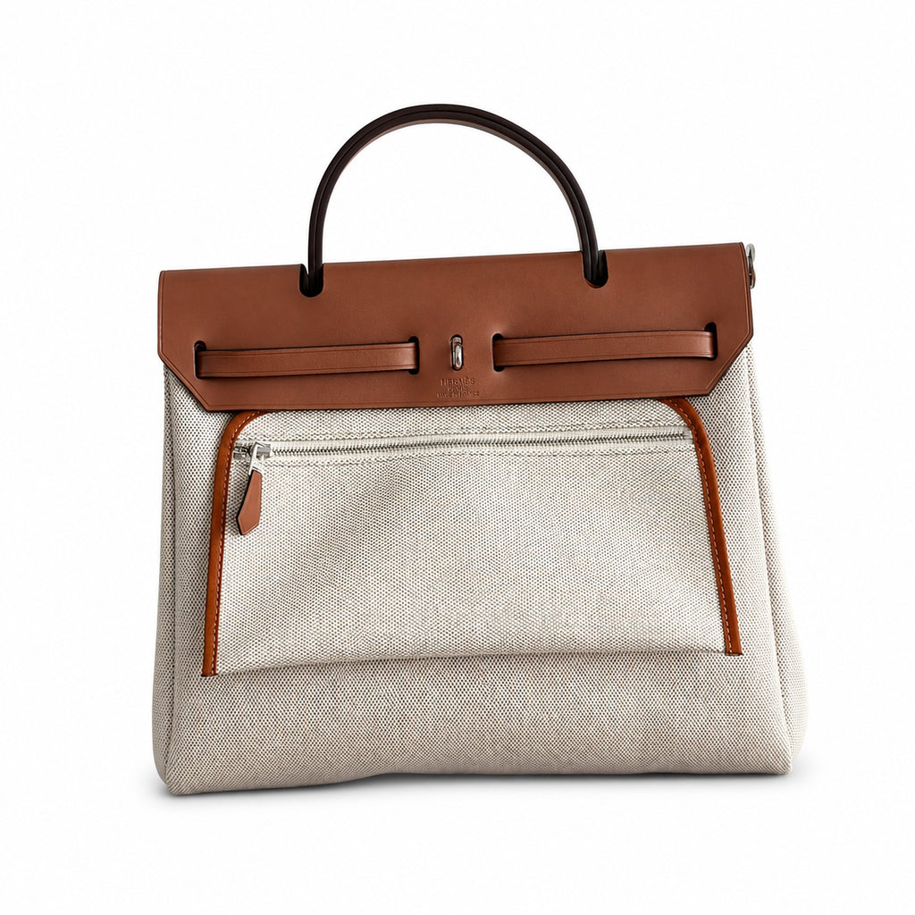 Herbag 31cm Saddle-Inspired Canvas Body with Leather Handle and Shoulder Strap — Canvas Body, Leather Handle and Shoulder Strap