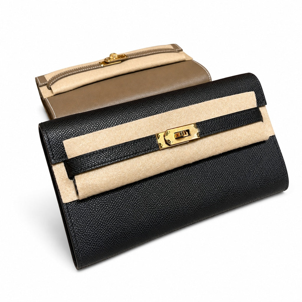 Kelly in Black Epsom Leather with Gold Buckle — Structured Top-Handle Handbag