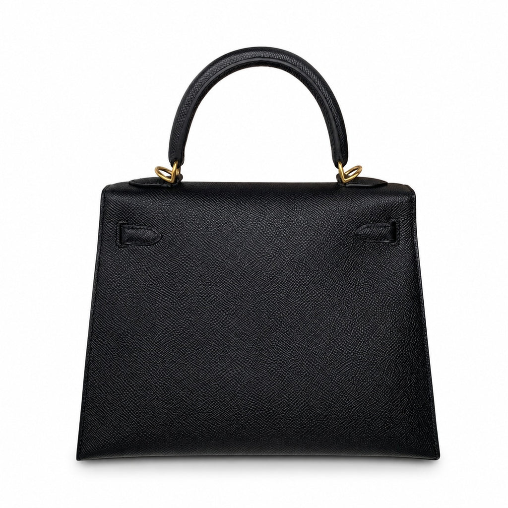 Kelly 25 Black Epsom Gold Buckle, fully handmade with wax thread — Polished Structured Handbag