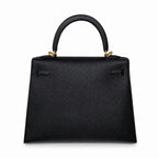 Kelly 25 Black Epsom Gold Buckle, fully handmade with wax thread — Polished Structured Handbag