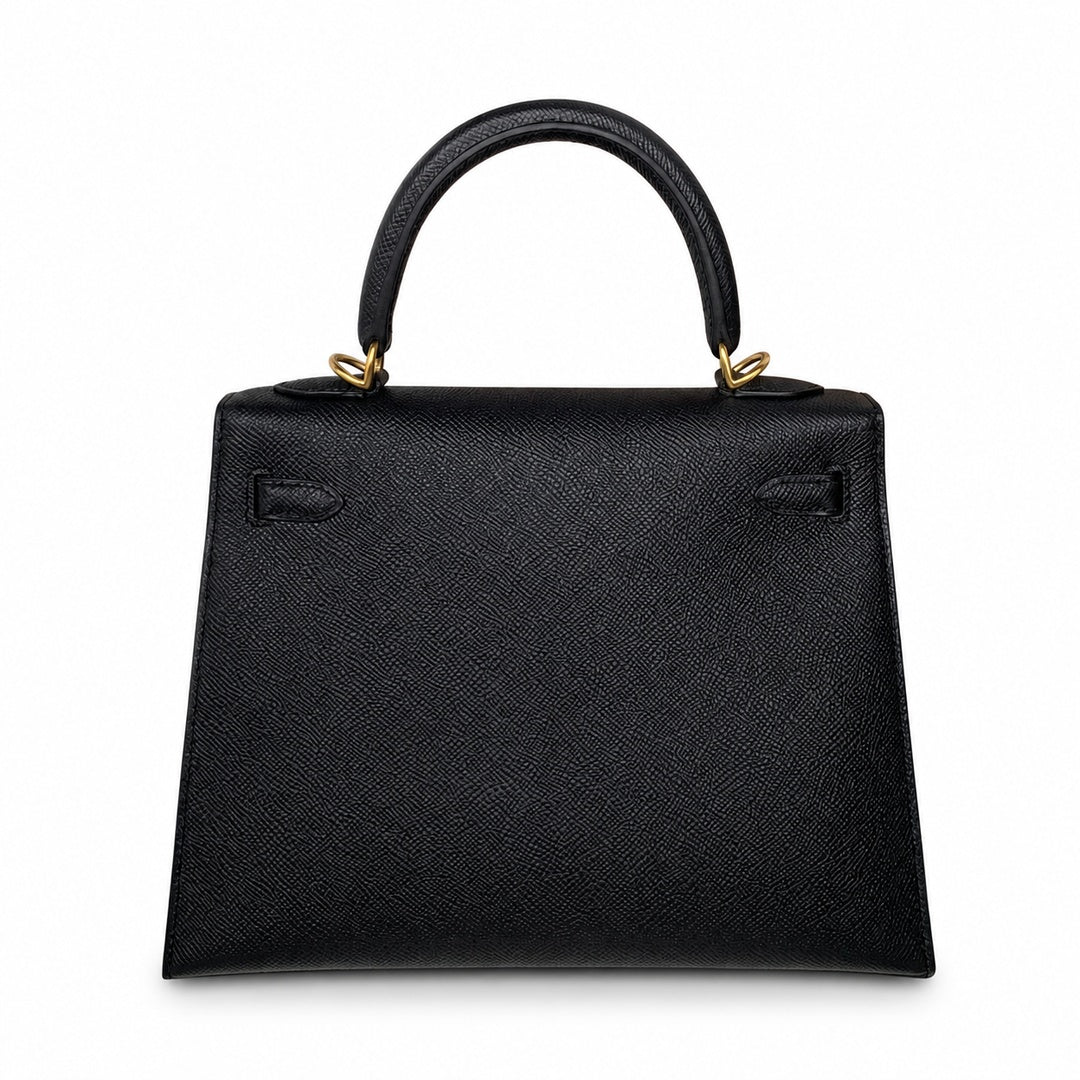 Kelly 25 Black Epsom Gold Buckle, fully handmade with wax thread — Polished Structured Handbag