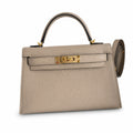 handmade Mini Kelly II 19cm imported Epsom Leather turtle dove gray Gold Buckle — Polished Compact Handbag